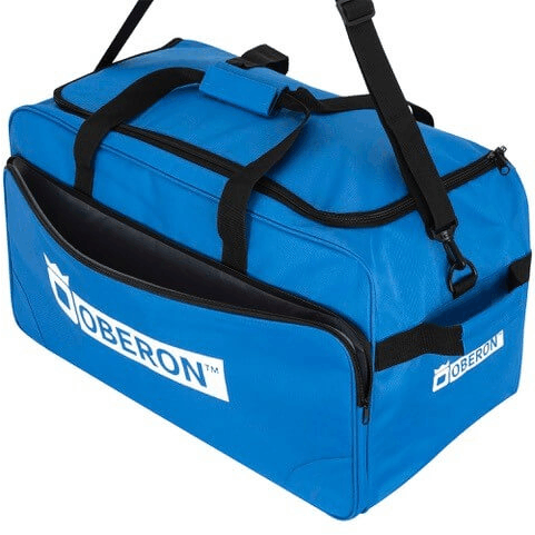 Blue duffel bag with black straps and Oberon logo on a white background